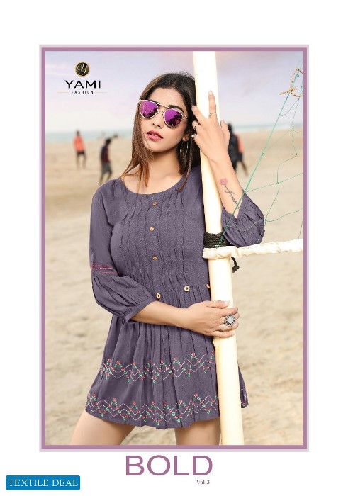 Yami Fashion Presents  Bold Vol 3 Rayon Base Embroidery Work Western Pattern Short Kurti Wholesale Rate In Surat