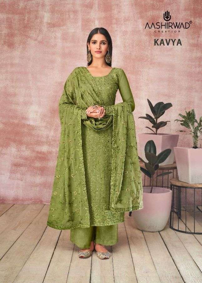 AASHIRWAD CREATION PRESENT KAVYA REAL GEORGETTE WITH EMBROIDERY WORK SEMI STITCHED DESIGNER SUIT IN WHOLESALE PRICE IN SURAT - SAI DRESSES