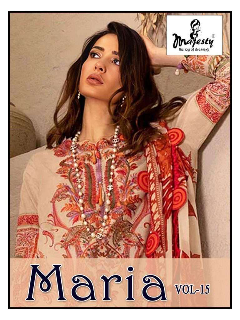 MAJESTY PRESENT MARIA VOL 15 PURE COTTON WITH PATCH EMBROIDERY PAKISTANI DESIGNER SUITS IN WHOLESALE PRICE IN SURAT - SAI DRESSES 
