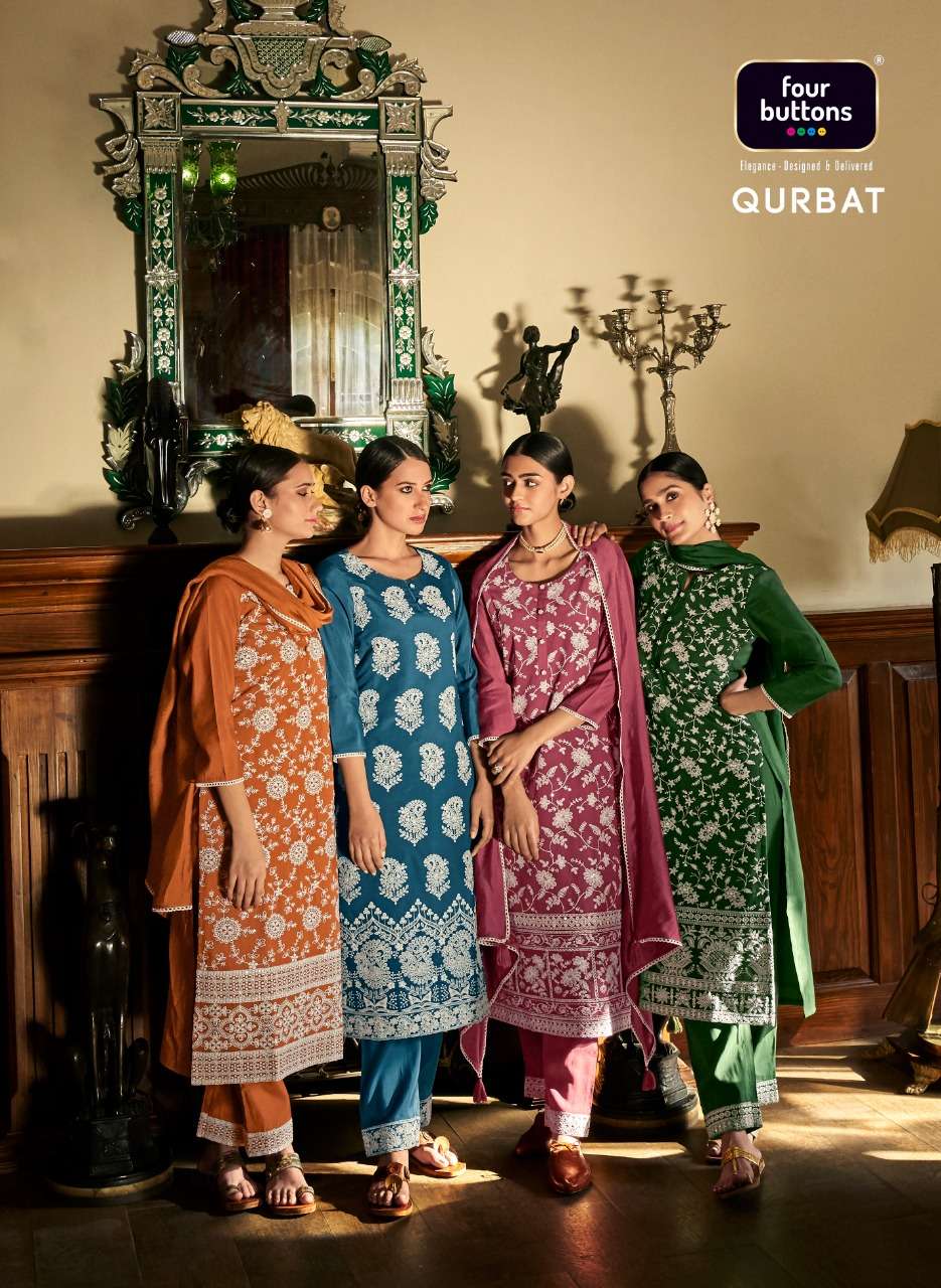 FOUR BUTTONS PRESENT QURBAT SILK WITH LAKHNAVI EMBROIDERY READYMADE PANT STYLE SUITS IN WHOLESALE PRICE IN SURAT - SAI DRESSES