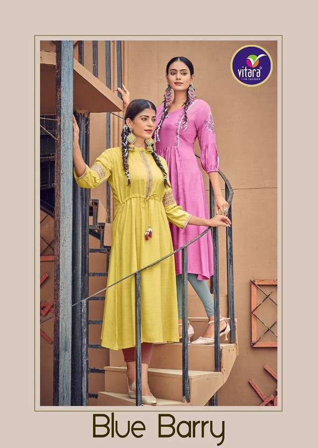 VITARA FASHION PRESENT BLUE BERRY RAYON WITH FANCY EMBROIDERY WORK ANARKALI STYLE CASUAL WEAR KURTIS IN WHOLESALE PRICE IN SURAT - SAI DRESSES