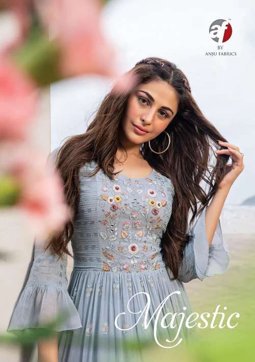  ANJU FABRIC PRESENT MAJESTIC PARTYWEAR DESIGNER GOWN STYLE LONG KURTI COLLECTION IN WHOLESALE PRICE IN SURAT - SAI DRESSES