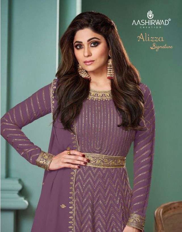 AASHIRWAD CREATION PRESENT ALIZZA SIGNATURE READYMADE GEORGETTE FANCY LONG DESIGNER SUITS IN WHOLESALE RATE IN SURAT - SAI DRESSES