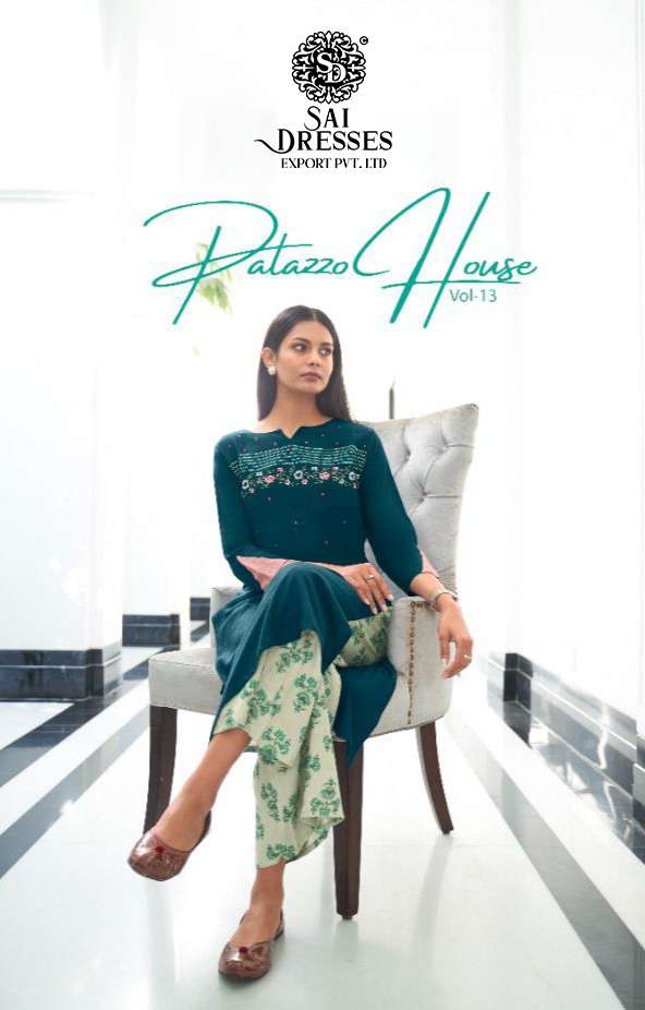 SAI DRESSES PRESENT PALAZZO HOUSE VOL 13 READY TO WEAR CLASSY ELEGANT RAYON LONG KURTI WITH PLAZZO IN WHOLESALE RATE IN SURAT