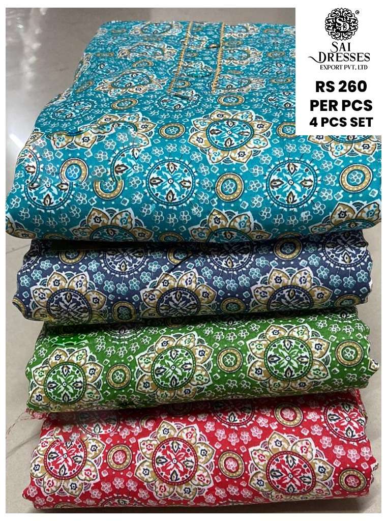 SAI DRESSES PRESENT D.NO 1010 DAILY WEAR COTTON PRINTED 4 PCS MATCHING DRESS MATERIAL IN WHOLESALE RATE IN SURAT