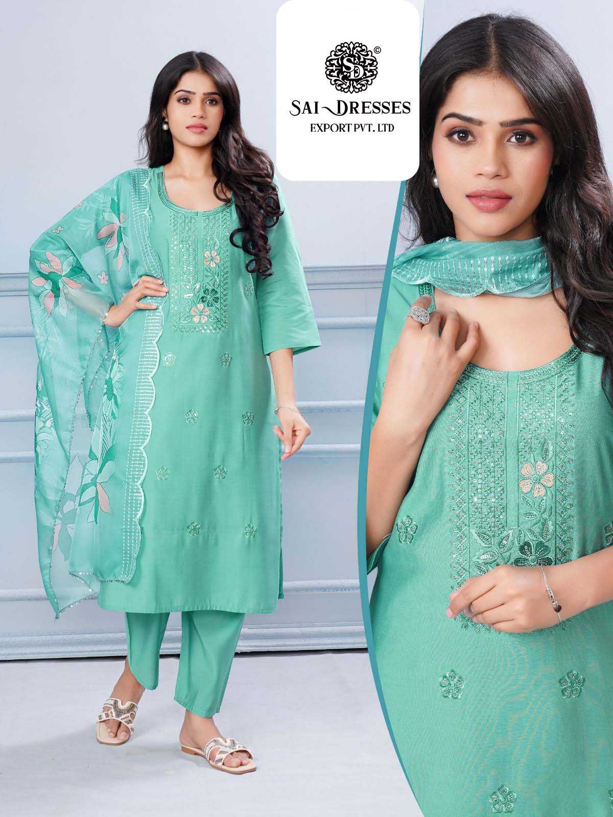  SAI DRESSES PRESENT D.NO 1999  READY TO FESTIVAL  WEAR STRAIGHT CUT KURTI WITH PANT STYLE DESIGNER 3 PIECE COMBO SUITS IN WHOLESALE RATE  IN SURAT