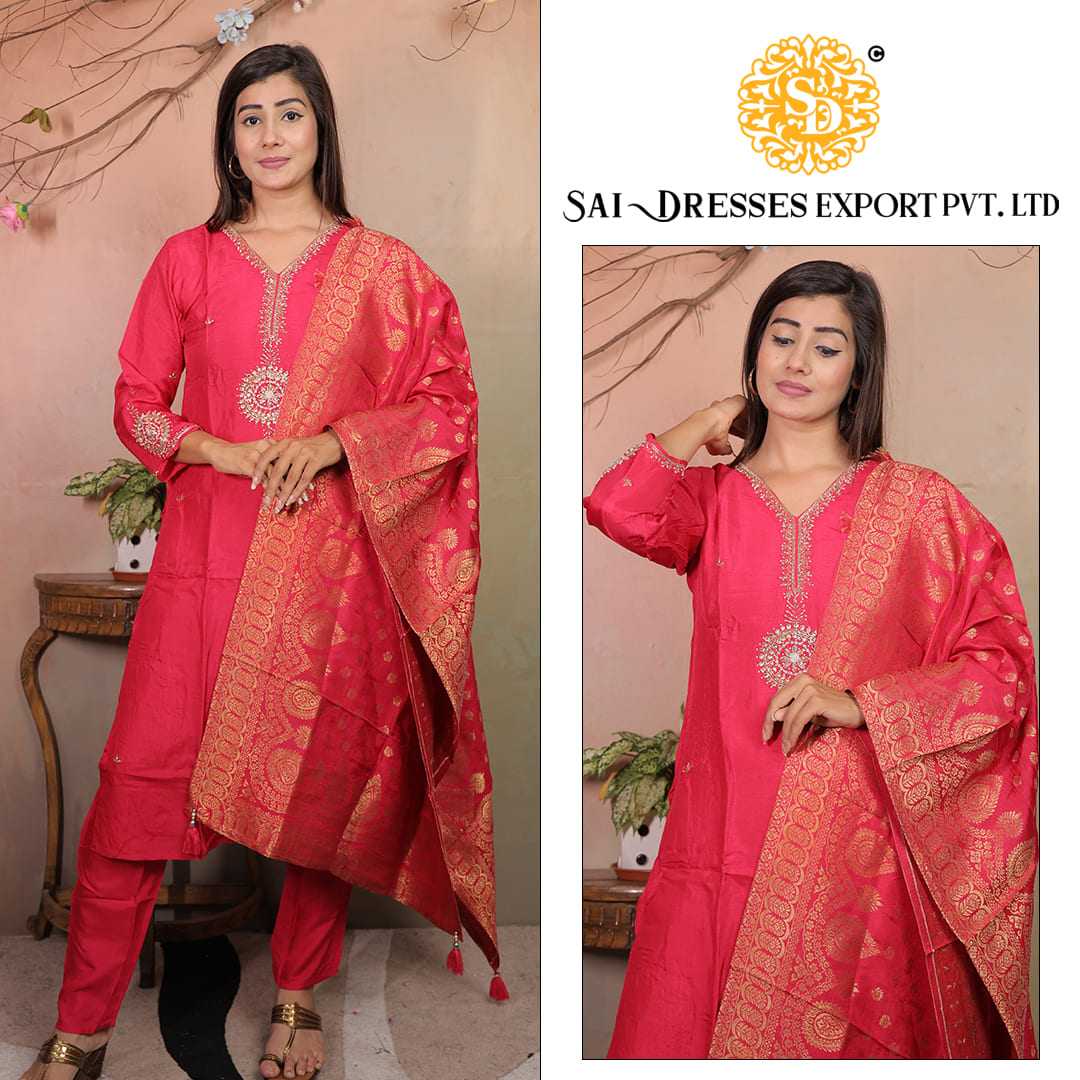  SAI DRESSES PRESENT D.NO 7155 READY TO FESTIVE WEAR STRAIGHT CUT KURTI WITH PANT STYLE DESIGNER 3 PIECE COMBO SUITS IN WHOLESALE RATE  IN SURAT