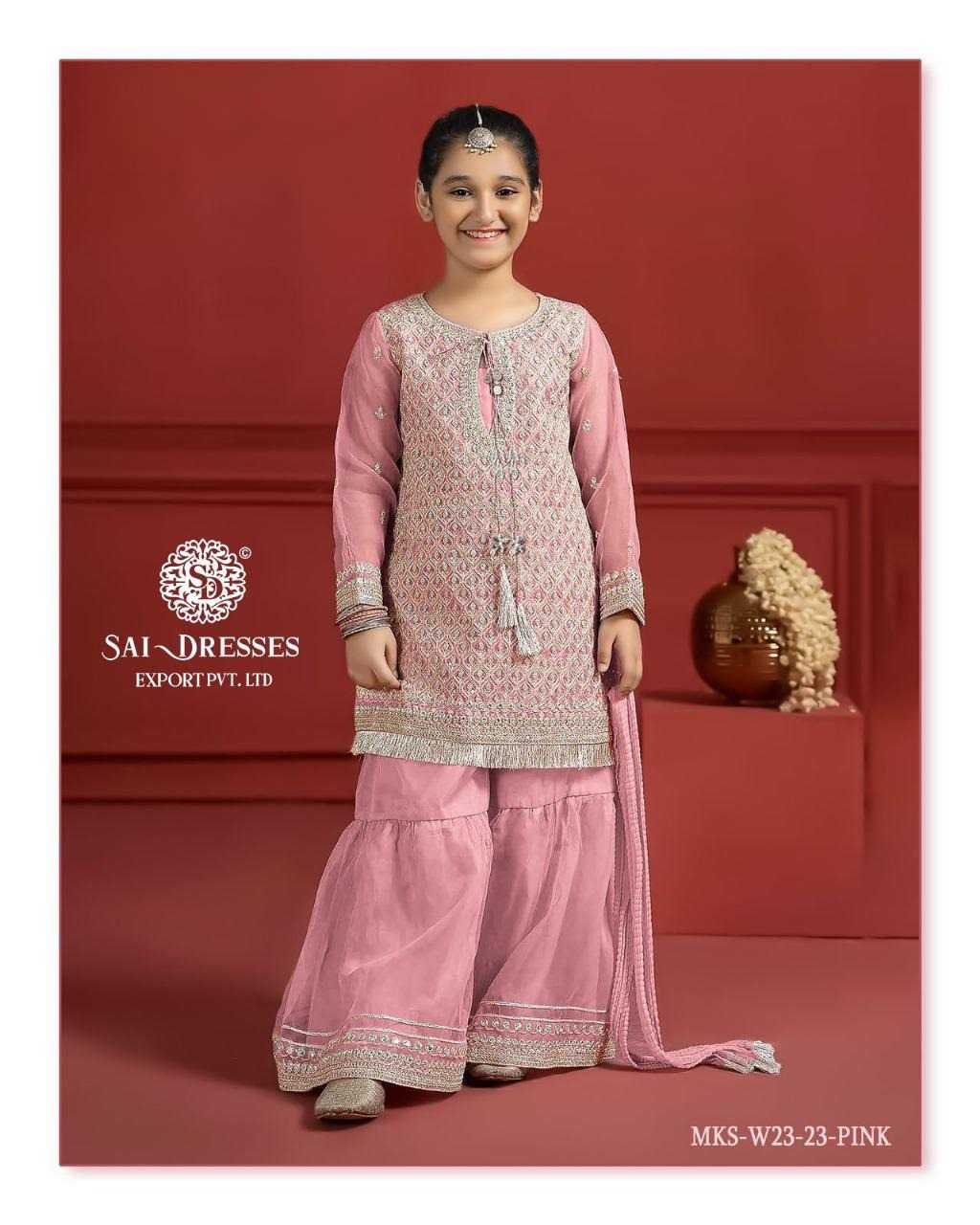 SAI DRESSES PRESENT D.NO 53 READY TO ETHENIC WEAR GHARARA STYLE DESIGNER PAKISTANI KIDS COMBO SUITS IN WHOLESALE RATE IN SURAT