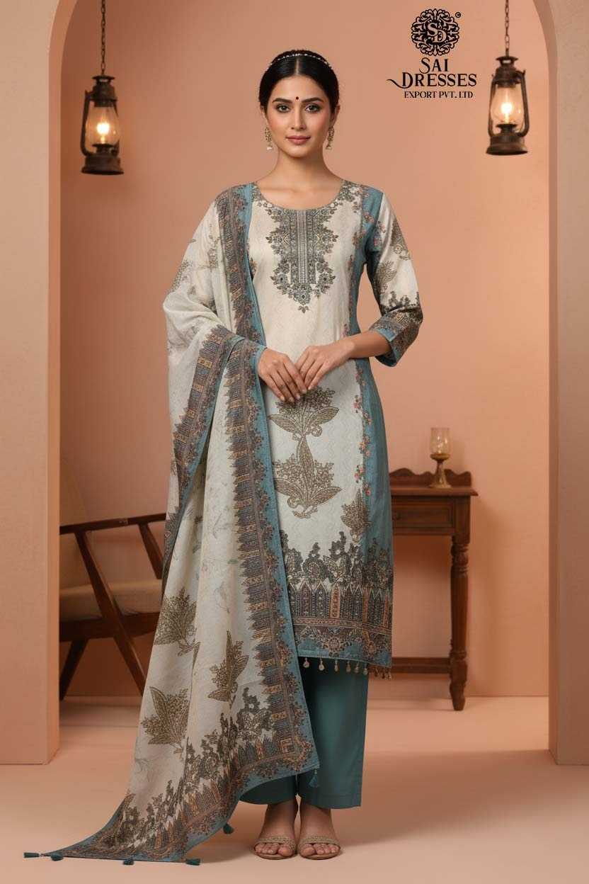 AN ELEGANT SKY-BLUE SUIT ENHANCED WITH DELICATE PRINTS AND SUBTLE EMBROIDERY FOR A GRACEFUL EVERYDAY LOOK.