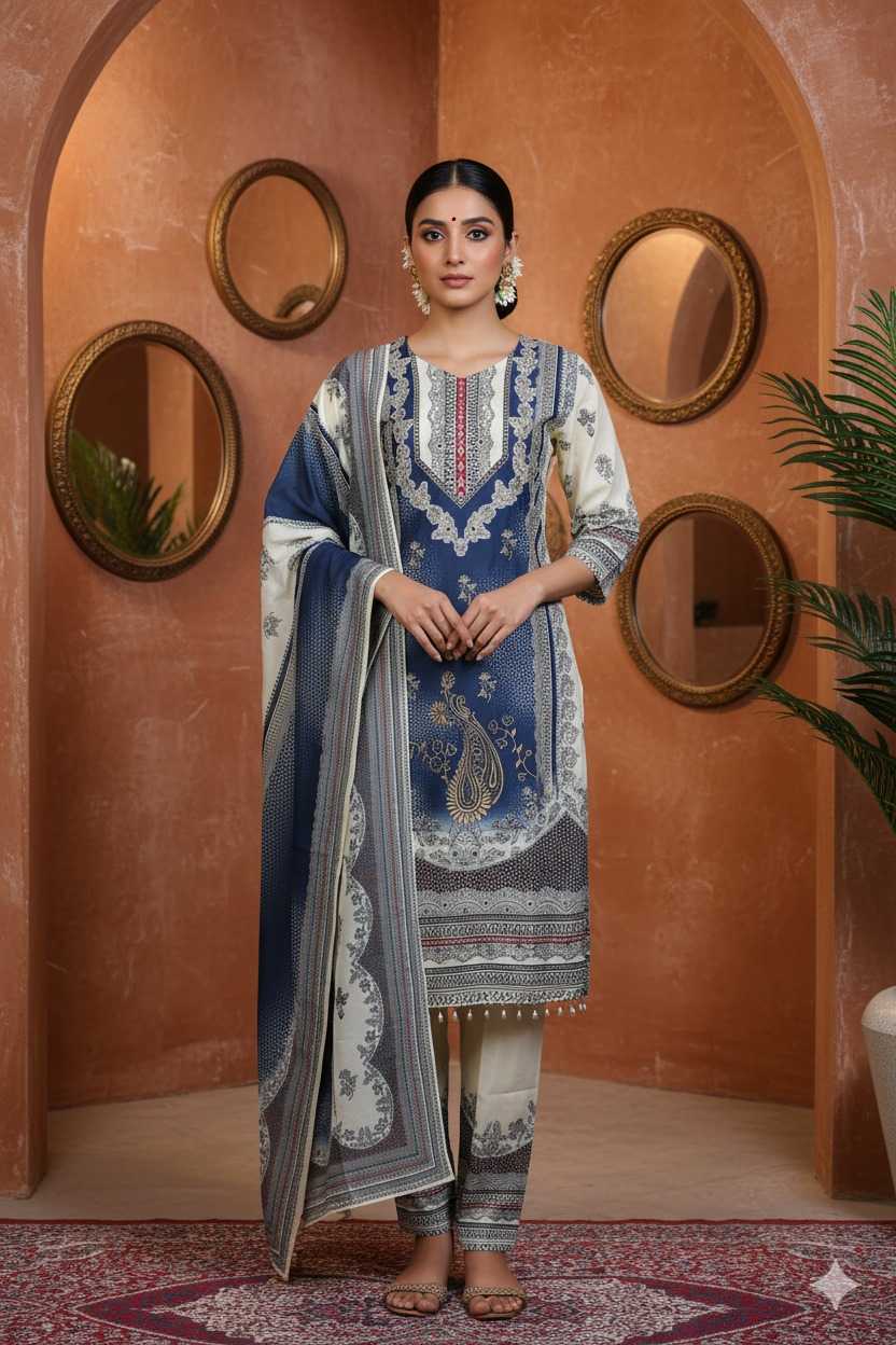 CLASSIC BLUE PRINTED SUIT WITH RICH DUPATTA AND ETHNIC TOUCHES FOR EVERY FESTIVE MOMENT.