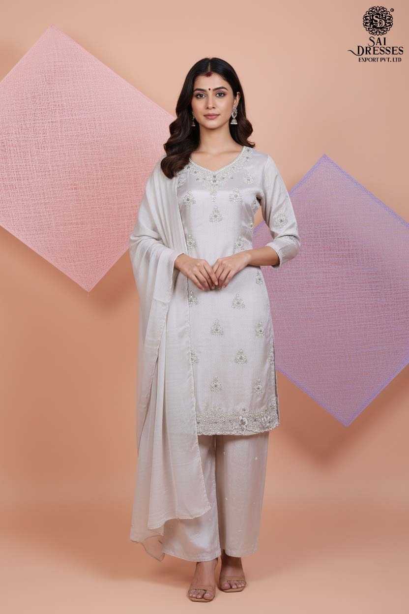 CLASSIC OFF-WHITE SILK SUIT ENHANCED WITH DELICATE EMBROIDERY AND GRACEFUL DUPATTA FOR A TIMELESS FESTIVE LOOK.