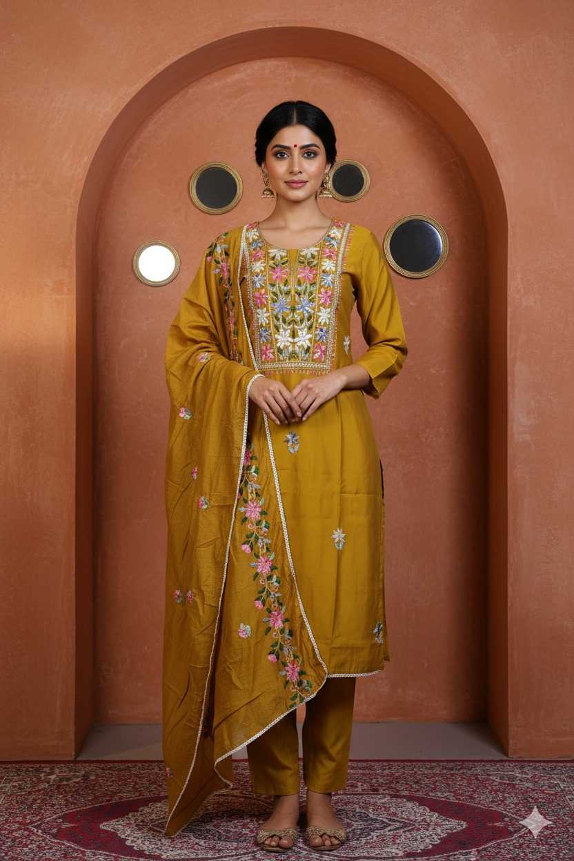 DESIGNER MUSTARD EMBROIDERED SUIT WITH FLORAL BORDER DUPATTA AND STRAIGHT PANTS