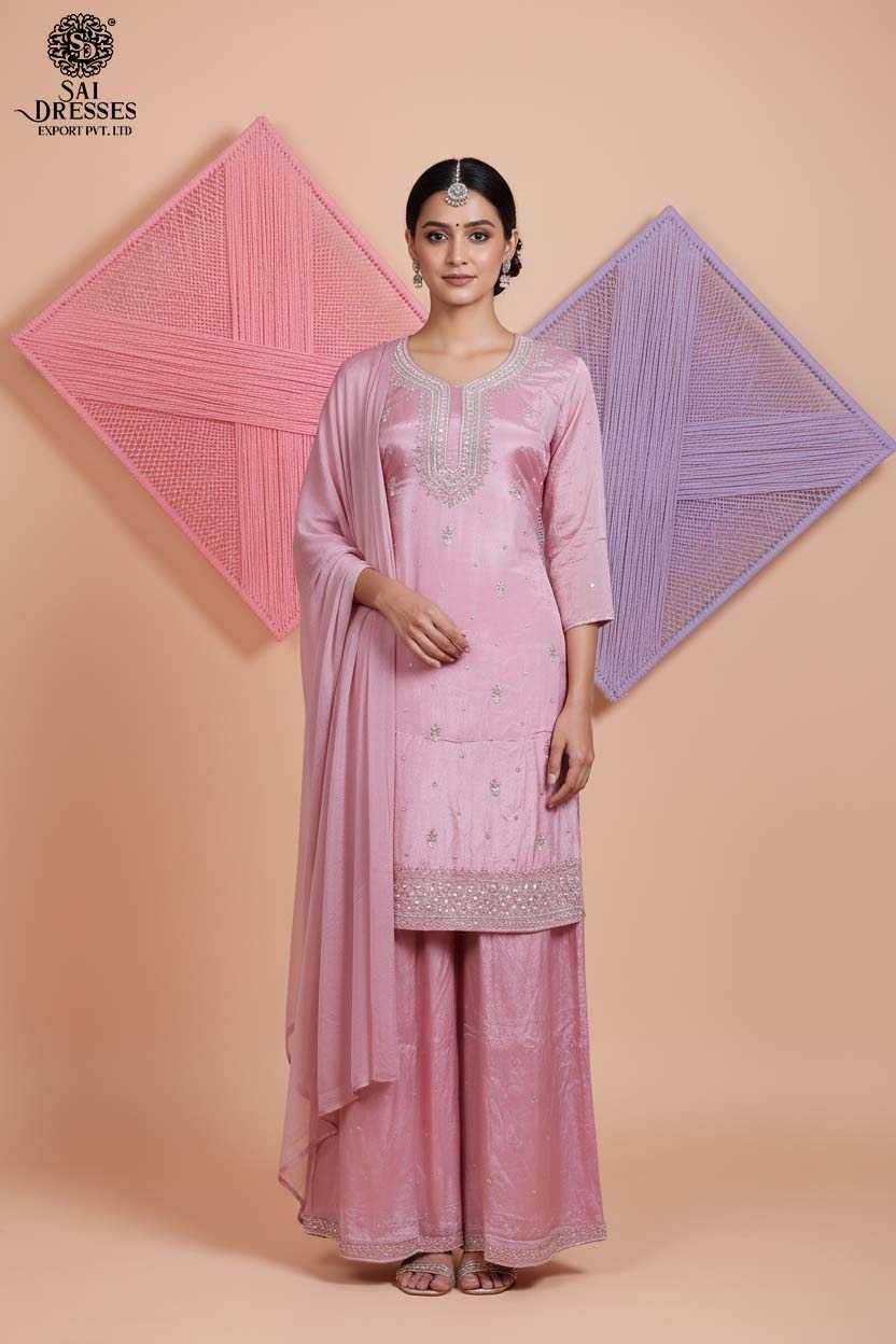 ELEGANT BABY PINK EMBROIDERED SUIT IN LUXURIOUS SILK FABRIC WITH MATCHING DUPATTA – A SYMBOL OF GRACE AND FEMININITY BY SAI DRESSES.