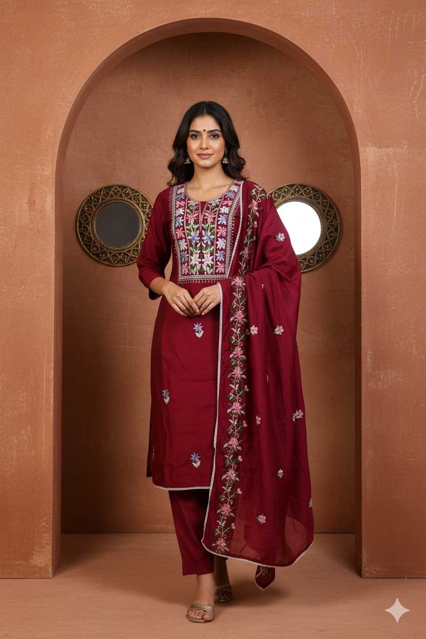 ELEGANT MAROON STRAIGHT CUT SUIT WITH COLORFUL THREADWORK AND EMBROIDERED DUPATTA