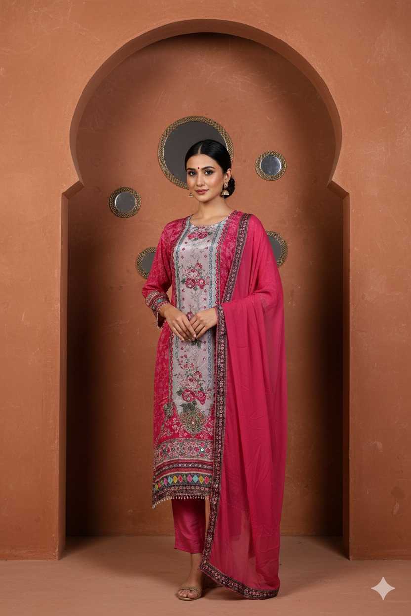 PINK & GREY DIGITAL PRINTED COTTON SATIN SUIT WITH EMBROIDERY AND CHIFFON DUPATTA