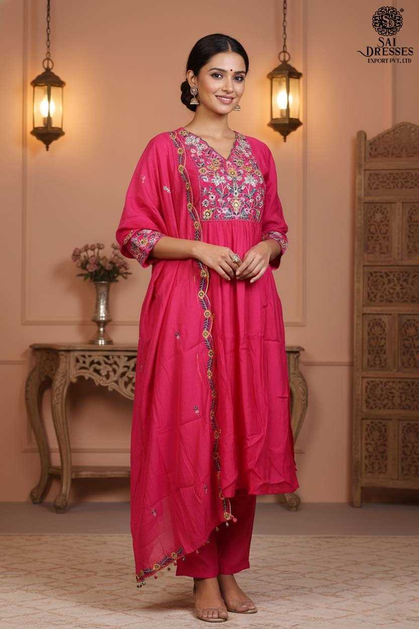 SAI DRESSES PRESENTS A BRIGHT MAGENTA ENSEMBLE WITH INTRICATE THREADWORK AND PLAYFUL DETAILING.