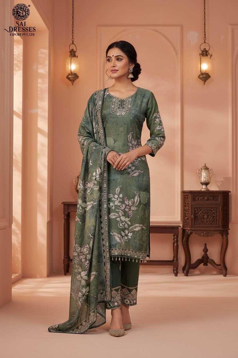 SAI DRESSES PRESENTS A LUXURIOUS GREEN ENSEMBLE WITH HANDCRAFTED DETAILS AND A RICHLY DESIGNED DUPATTA FOR A FRESH, FESTIVE APPEAL.
