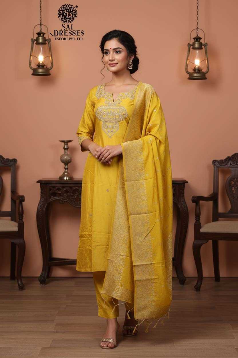 SAI DRESSES PRESENTS A RADIANT MUSTARD YELLOW EMBROIDERED SILK SUIT WITH MATCHING DUPATTA – A PERFECT CHOICE FOR FESTIVE CELEBRATIONS.