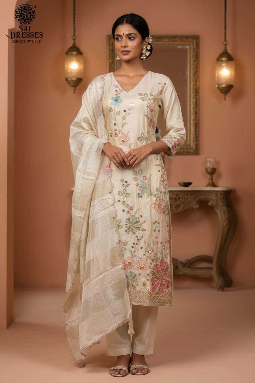 SAI DRESSES PRESENTS A TIMELESS OFF-WHITE SUIT WITH DELICATE HANDWORK AND A LUXURIOUS TEXTURED DUPATTA FOR REFINED OCCASIONS.