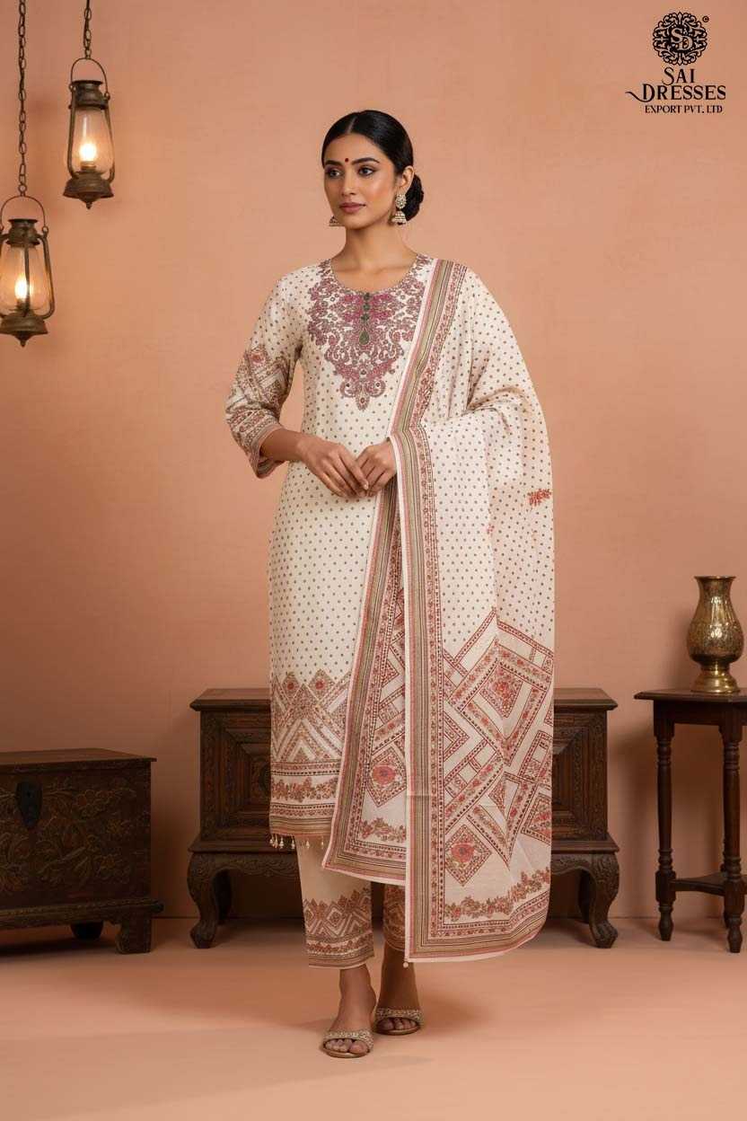 SAI DRESSES PRESENTS AN ELEGANT OFF-WHITE PRINTED SUIT WITH INTRICATE MOTIFS AND CONTRAST DUPATTA – A PERFECT FUSION OF TRADITION AND STYLE.