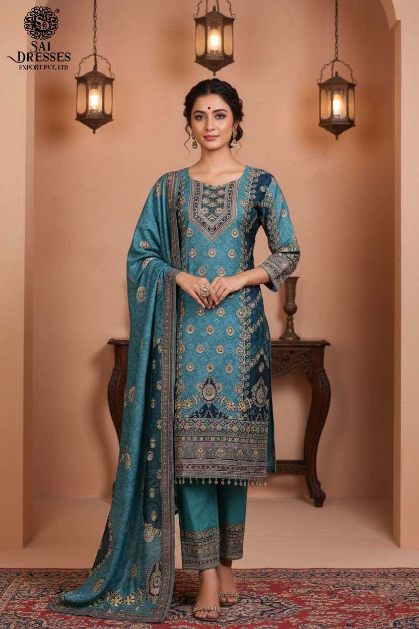 SAI DRESSES PRESENTS AN EXQUISITE TEAL BLUE PRINTED SUIT WITH INTRICATE MOTIFS AND EMBELLISHED DETAILS — A PERFECT BLEND OF ROYALTY AND GRACE.
