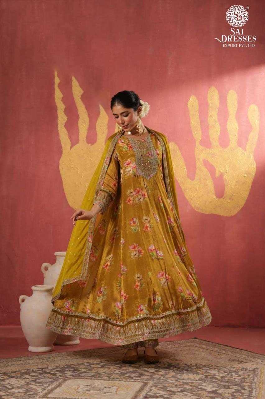 ELEGANT MUSTARD ANARKALI SUIT WITH FLORAL PRINTS AND HAND EMBROIDERED YOKE – PERFECT FOR A ROYAL FESTIVE LOOK.