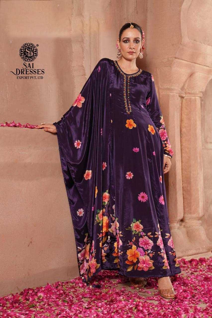 REGAL DEEP PURPLE ANARKALI WITH BOLD MULTI-FLORAL PRINTS AND HAND-EMBROIDERED NECKLINE – A PERFECT BLEND OF ROYALTY AND STYLE.
