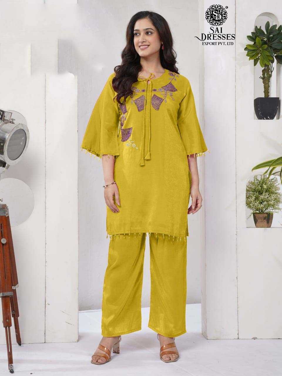 TRENDY MUSTARD YELLOW CO-ORD SET IN ROMAN SILK FABRIC WITH HANDWORK DETAILING – A PERFECT BLEND OF COMFORT AND STYLE.