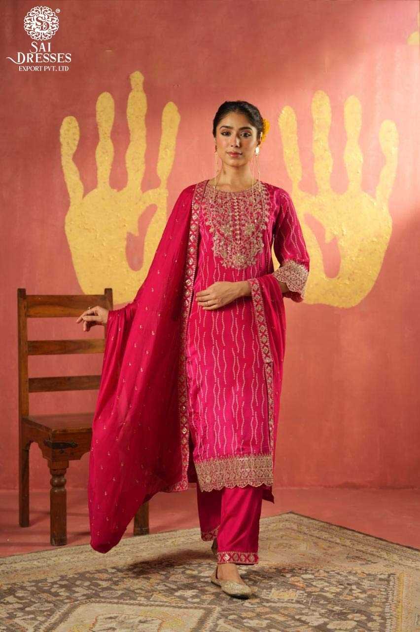 VIBRANT RANI PINK DESIGNER SUIT WITH HEAVY NECK WORK AND EMBELLISHED DUPATTA FOR A ROYAL FESTIVE APPEAL.