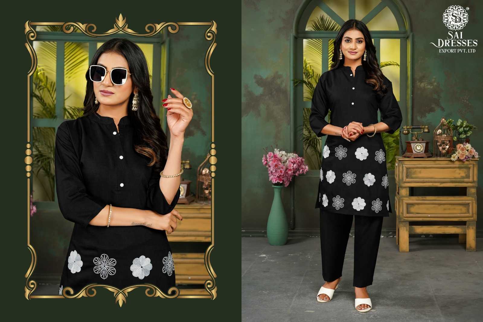 ELEGANT BLACK  RUST FLORAL EMBROIDERED KURTA CO-ORD SET WITH STRAIGHT PANTS FOR WOMEN