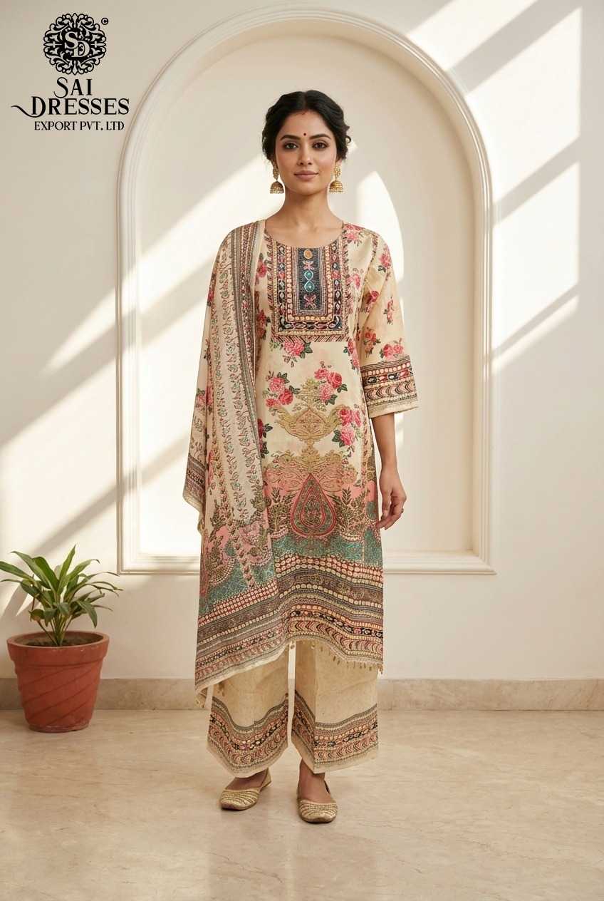 ELEGANT CREAM MASLIN PRINTED STRAIGHT DRESS SET WITH MATCHING DUPATTA AND PANTS FOR WOMEN