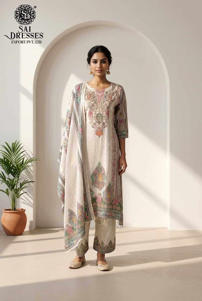 ELEGANT OFF WHITE MASLIN PRINTED STRAIGHT DRESS SET WITH MATCHING DUPATTA AND PANTS FOR WOMEN