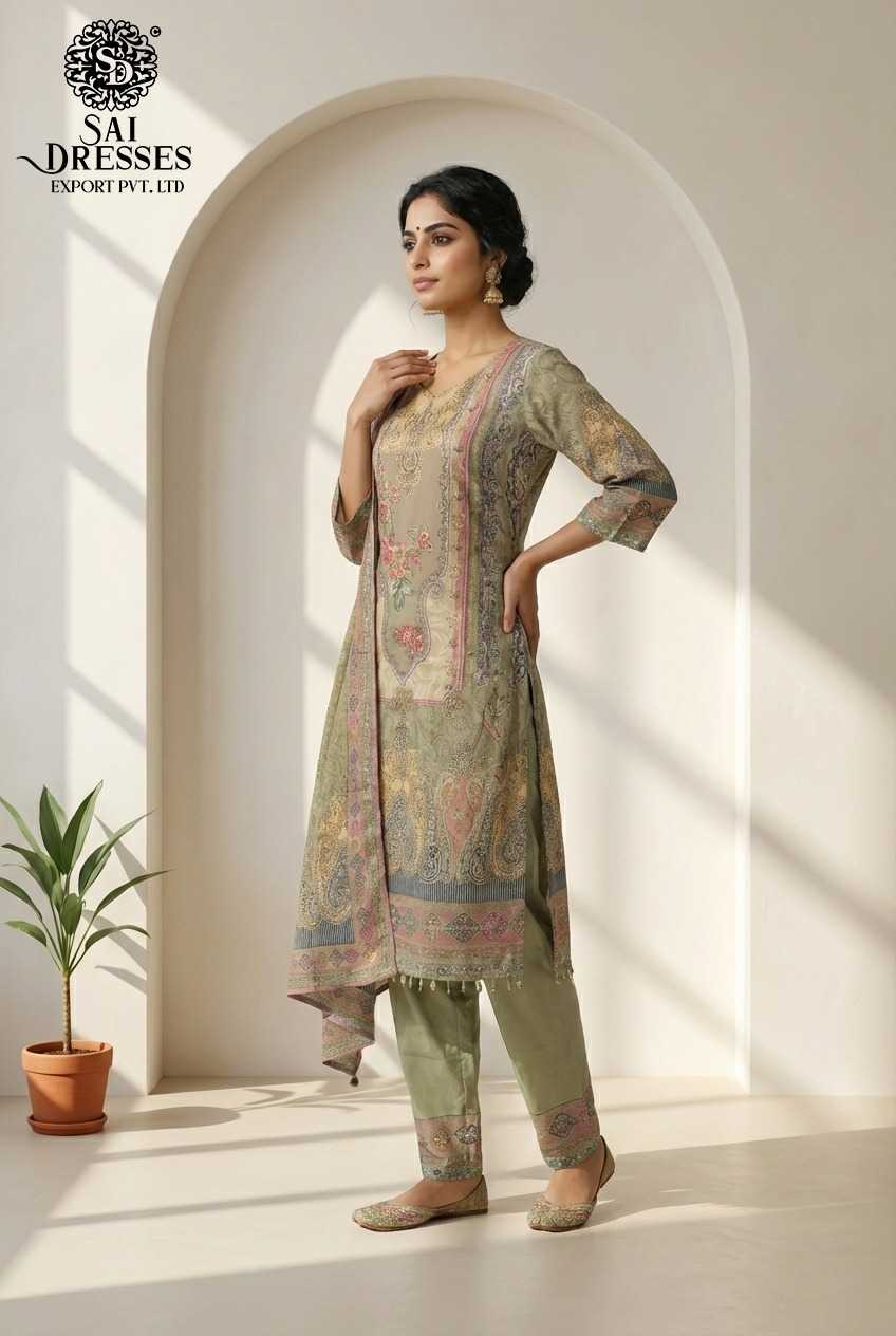 ELEGANT PISTA MASLIN PRINTED STRAIGHT DRESS SET WITH MATCHING DUPATTA AND PANTS FOR WOMEN