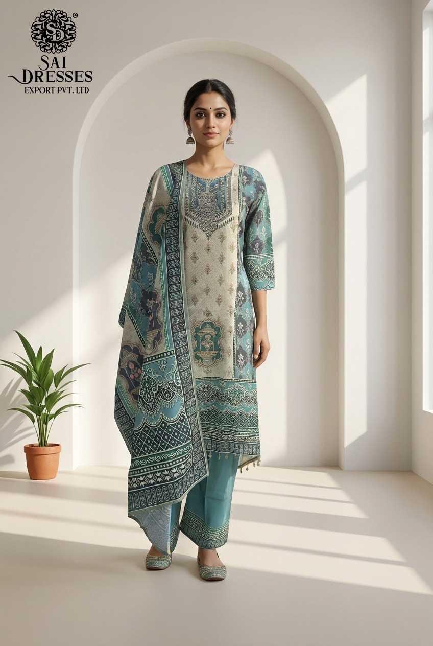 ELEGANT TEAL GREEM MASLIN  PRINTED STRAIGHT DRESS SET WITH MATCHING DUPATTA AND PANTS FOR WOMEN