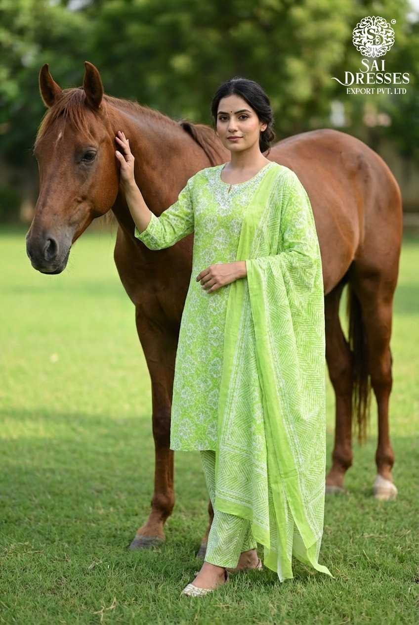 GREEN  PURE COTTON DIGITAL PRINT KURTI WITH MATCHING PANT AND DUPATTA – SOFT, BREATHABLE & ELEGANT DAILY WEAR SET 