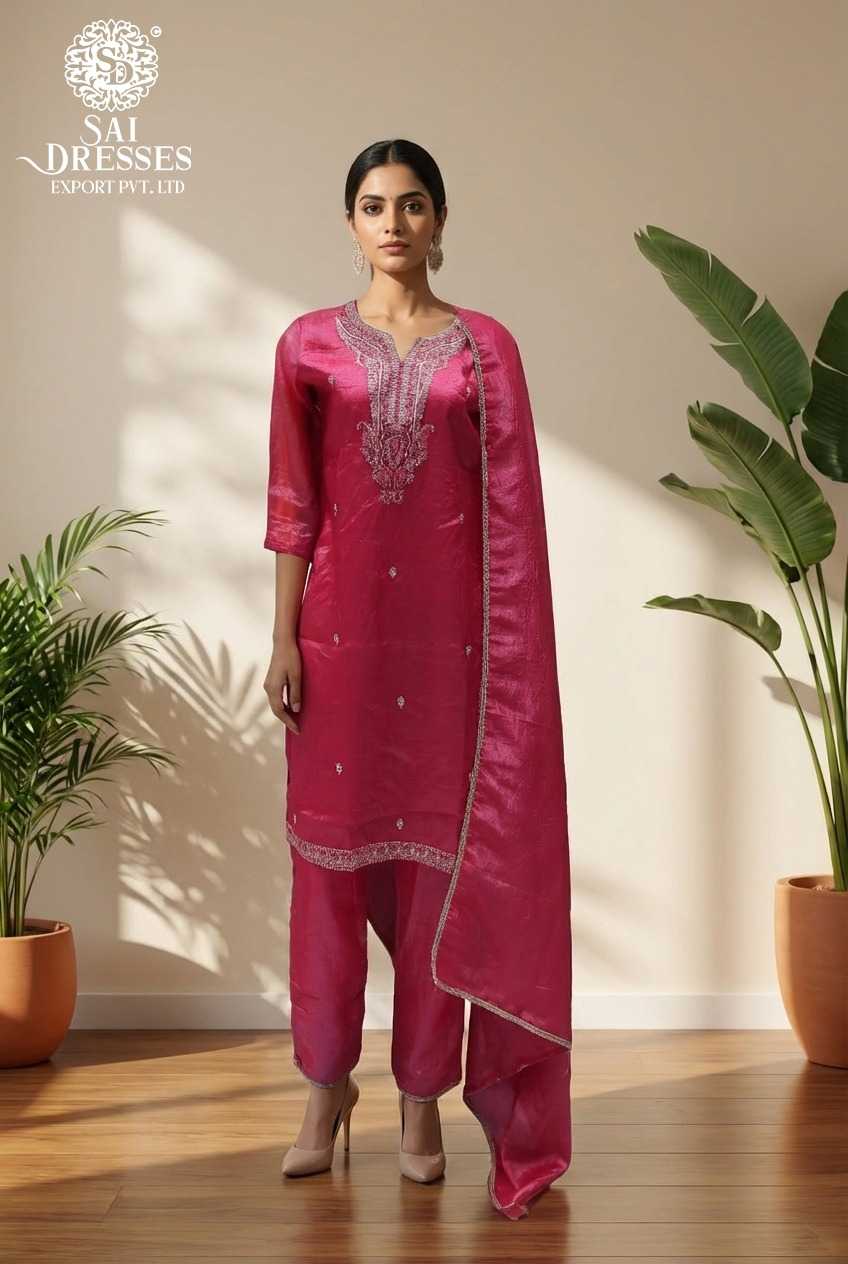 Magenta Gold Crush Kurta Set with Sequence Work, Matching Bottom & Embellished Dupatta – Festive & Party Wear