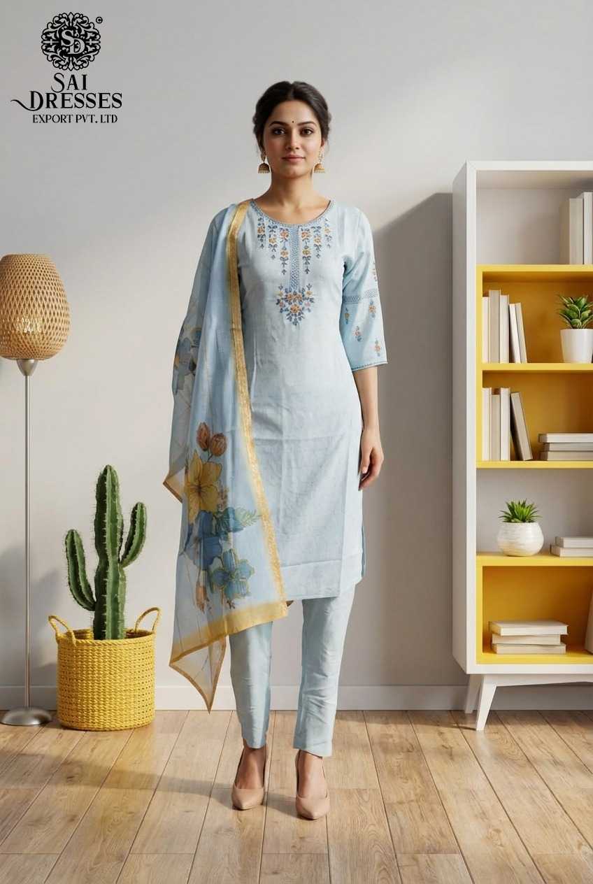 PREMIUM VATICAN SILK PASTEL BLUE EMBROIDERED STRAIGHT CUT KURTI WITH MATCHING PANTS AND ELEGANT DUPATTA FOR WOMEN