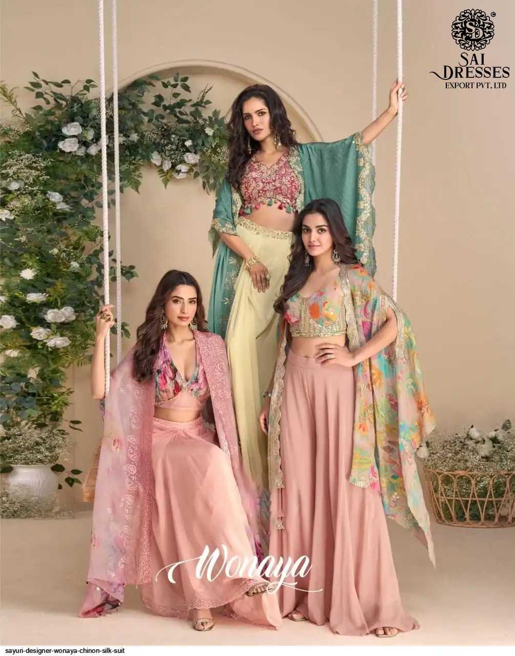 REAL PREMIUM CHINON SILK DESIGNER INDO WESTERN COLLECTION WITH FLORAL PRINT AND ELEGANT EMBROIDERY