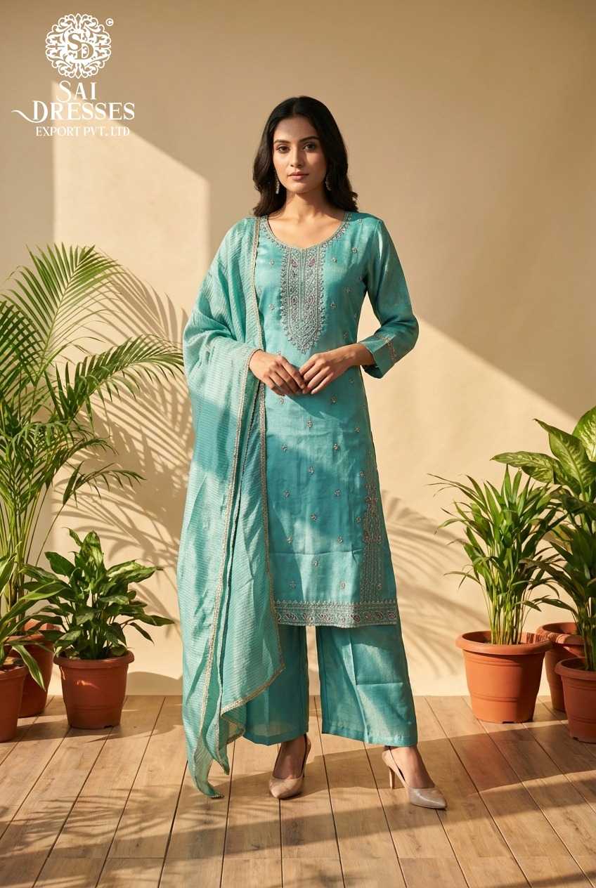 TURQUIOSE BLUE VISCOSE SHIMMER KURTA SET WITH HEAVY HANDWORK , MATCHING PALAZZO PANTS AND JACQUARD SHIMMER DUPATTA FOR FESTIVE AND PARTY WEAR
