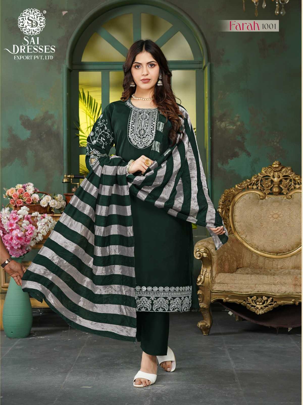 BOTTLE GREEN ROMAN SHIMMER FABRIC SUIT WITH HEAVY SEQUENCE WORK AND DESIGNER STRIPED DUPATTA – PREMIUM FESTIVE WEAR COLLECTION