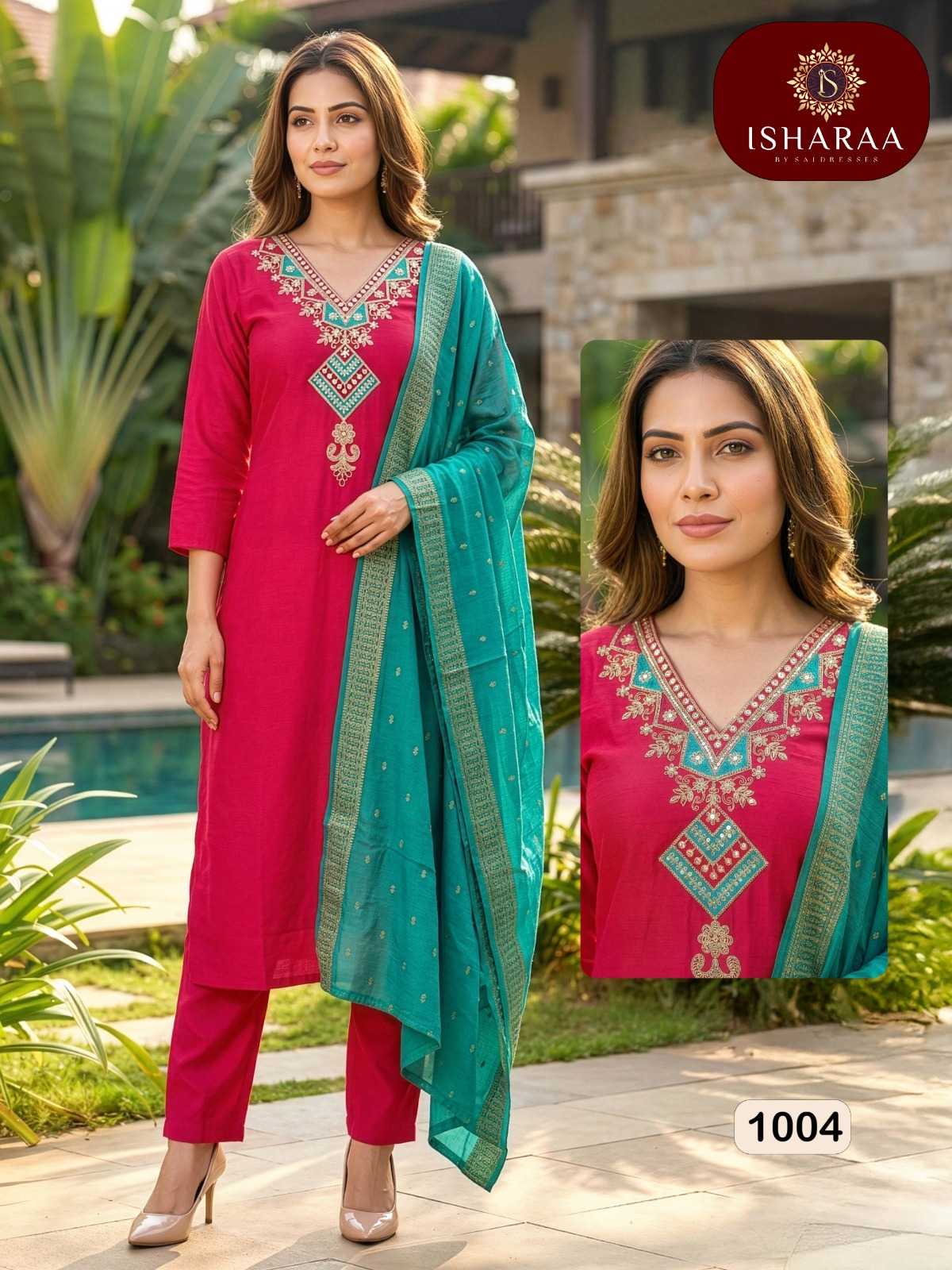 DESIGNER VARTICAN SILK EMBROIDERED SUIT SET WITH SEQUENCE WORK – RANI PINK KURTI WITH TEAL DUPATTA