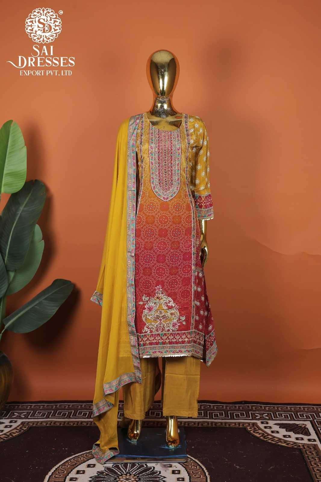ELEGANT PURE NATURAL CREPE TRADITIONAL PRINTED KURTI WITH MATCHING PANTS & DUPATTA – MUSTARD YELLOW BASE WITH RICH RED HIGHLIGHTS