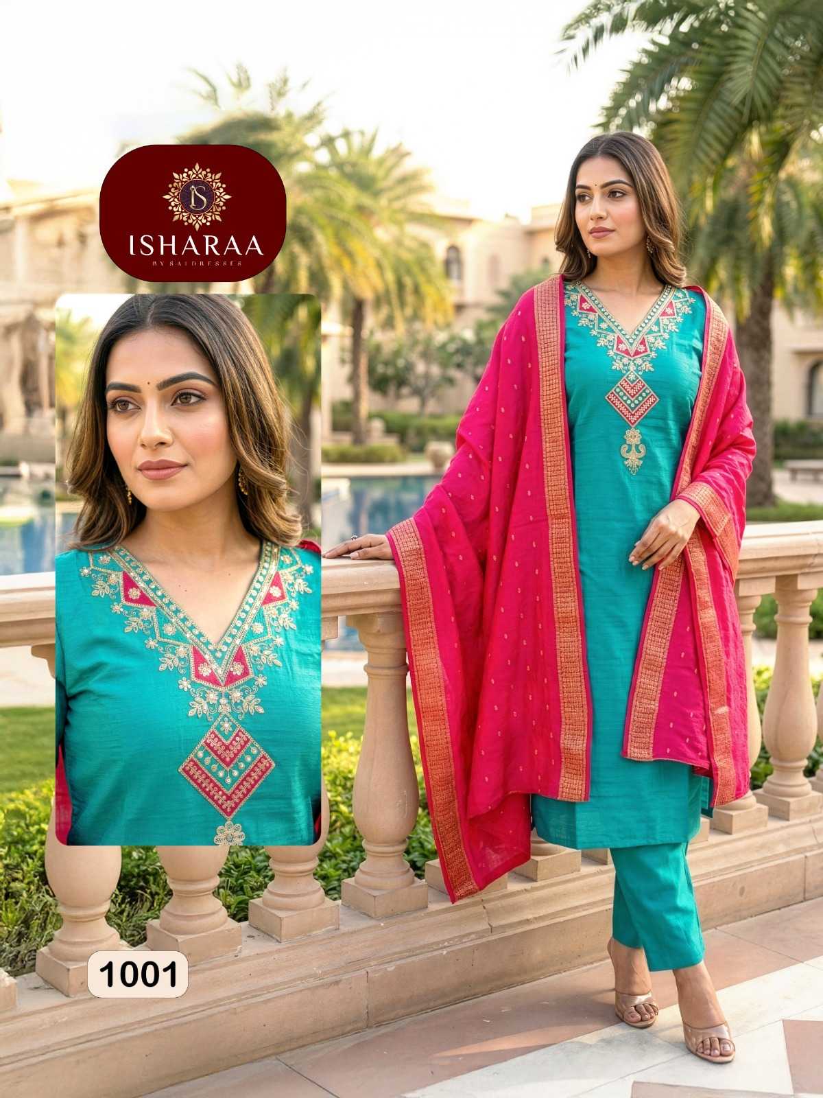 FESTIVE SPECIAL VARTICAN SILK SUIT WITH RICH EMBROIDERY & SEQUENCE WORK – TURQUOISE KURTI WITH MAGENTA DUPATTA
