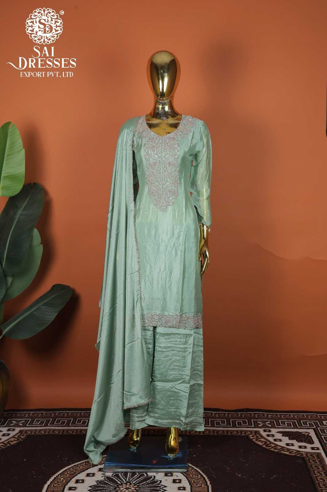 GRACEFUL PURE VISCOSE CHINON BITS WORK KURTI WITH MATCHING PANTS & DUPATTA – SOFT SEA GREEN COLOUR