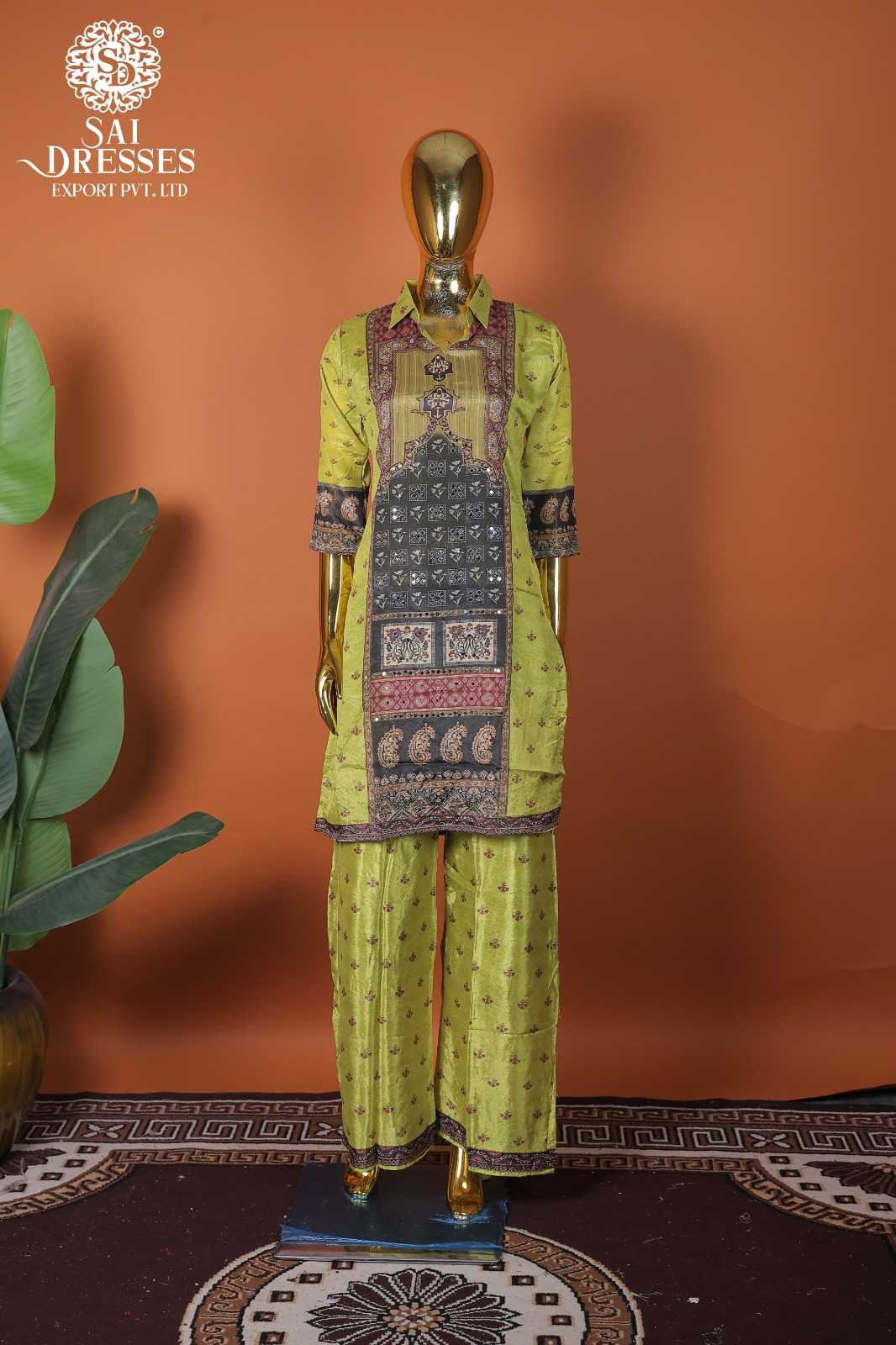 LUXURY PURE CHINON OLIVE GREEN ETHNIC WEAR WITH HEAVY FRONT PANEL DESIGNER WORK