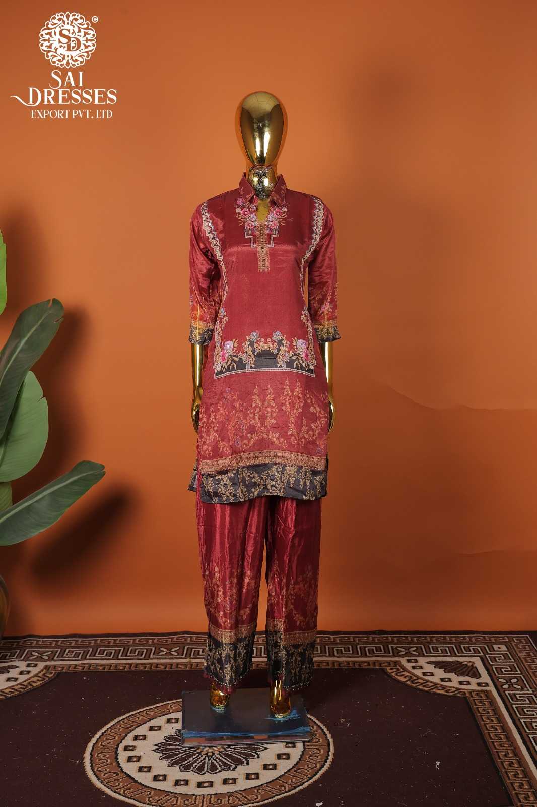 LUXURY PURE CHINON RED  ETHNIC WEAR WITH HEAVY FRONT PANEL DESIGNER WORK