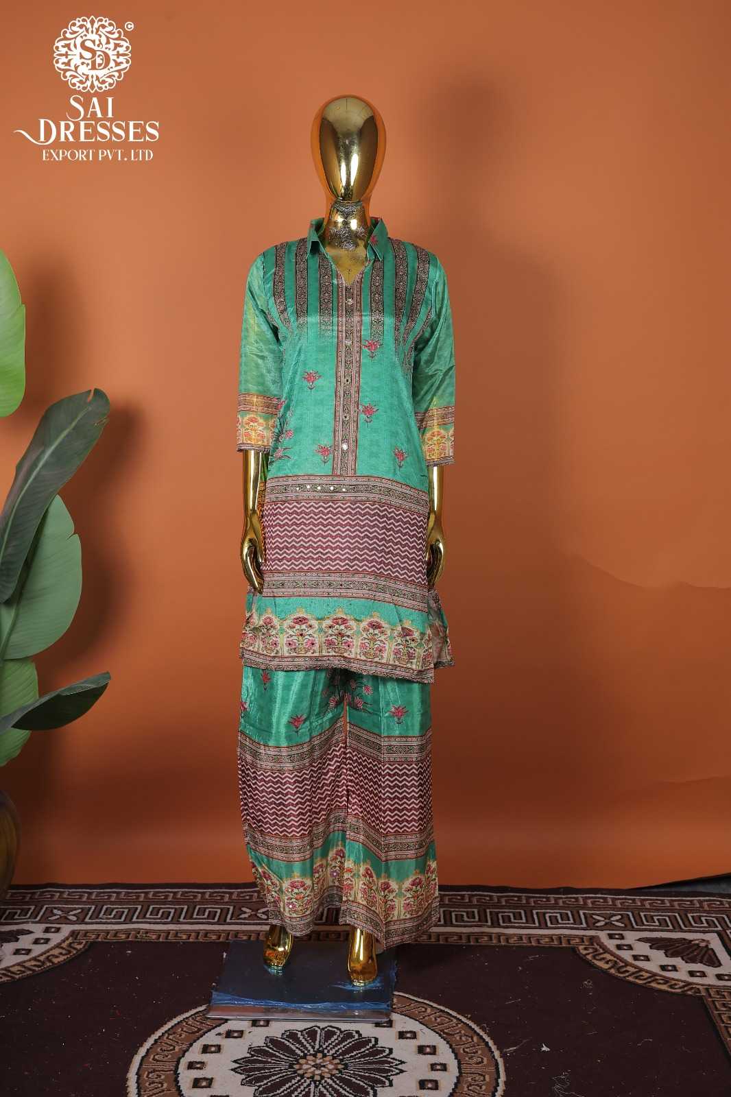 LUXURY PURE CHINON SEA GREEN ETHNIC WEAR WITH HEAVY FRONT PANEL DESIGNER WORK