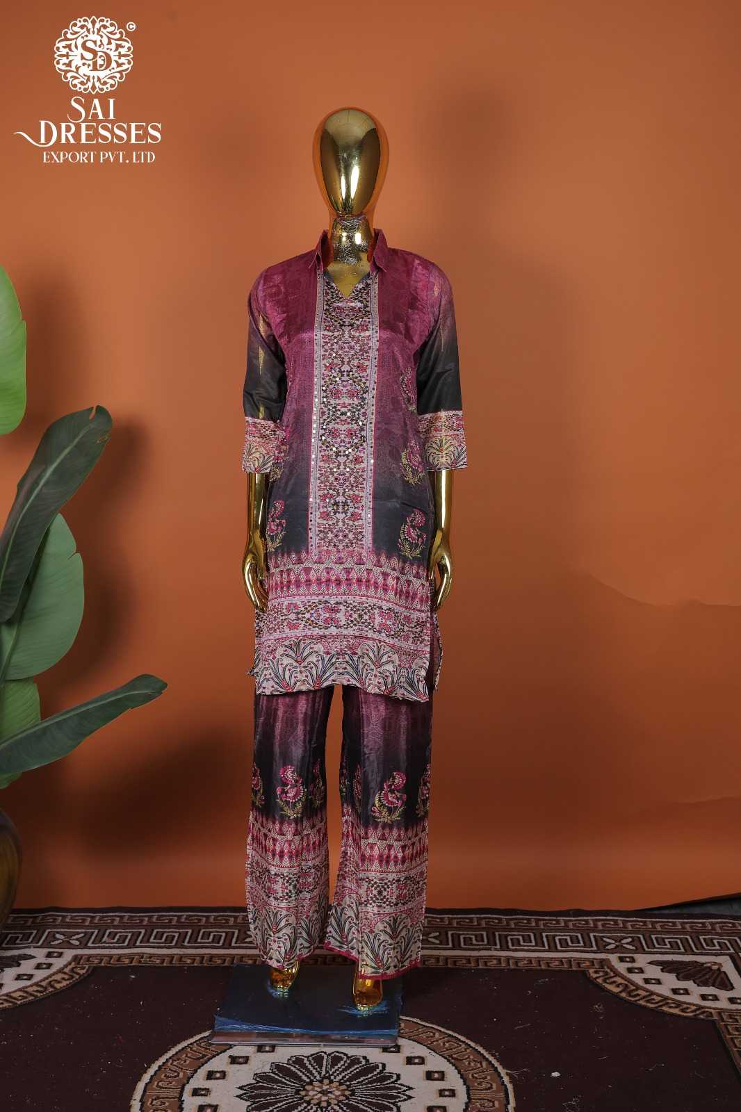 LUXURY PURE CHINON WINE MAROON ETHNIC WEAR WITH HEAVY FRONT PANEL DESIGNER WORK