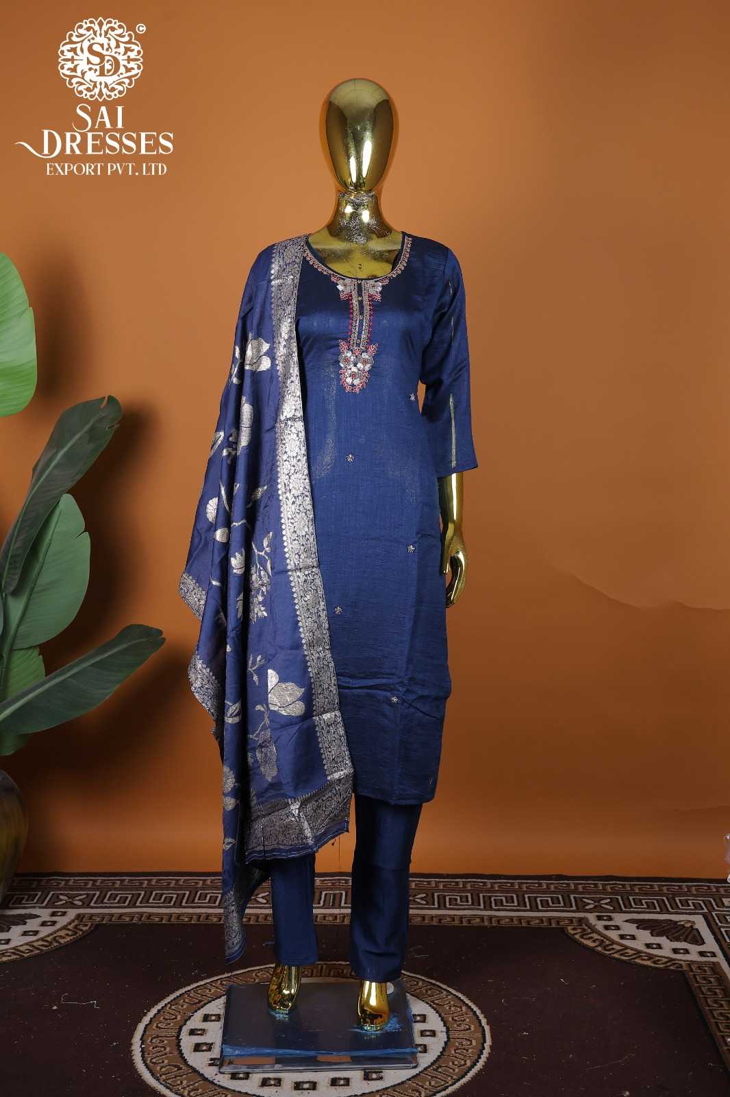 NAVY BLUE VICHITRA SILK KURTA PANT SET WITH PINK HAND EMBROIDERED NECK WORK
