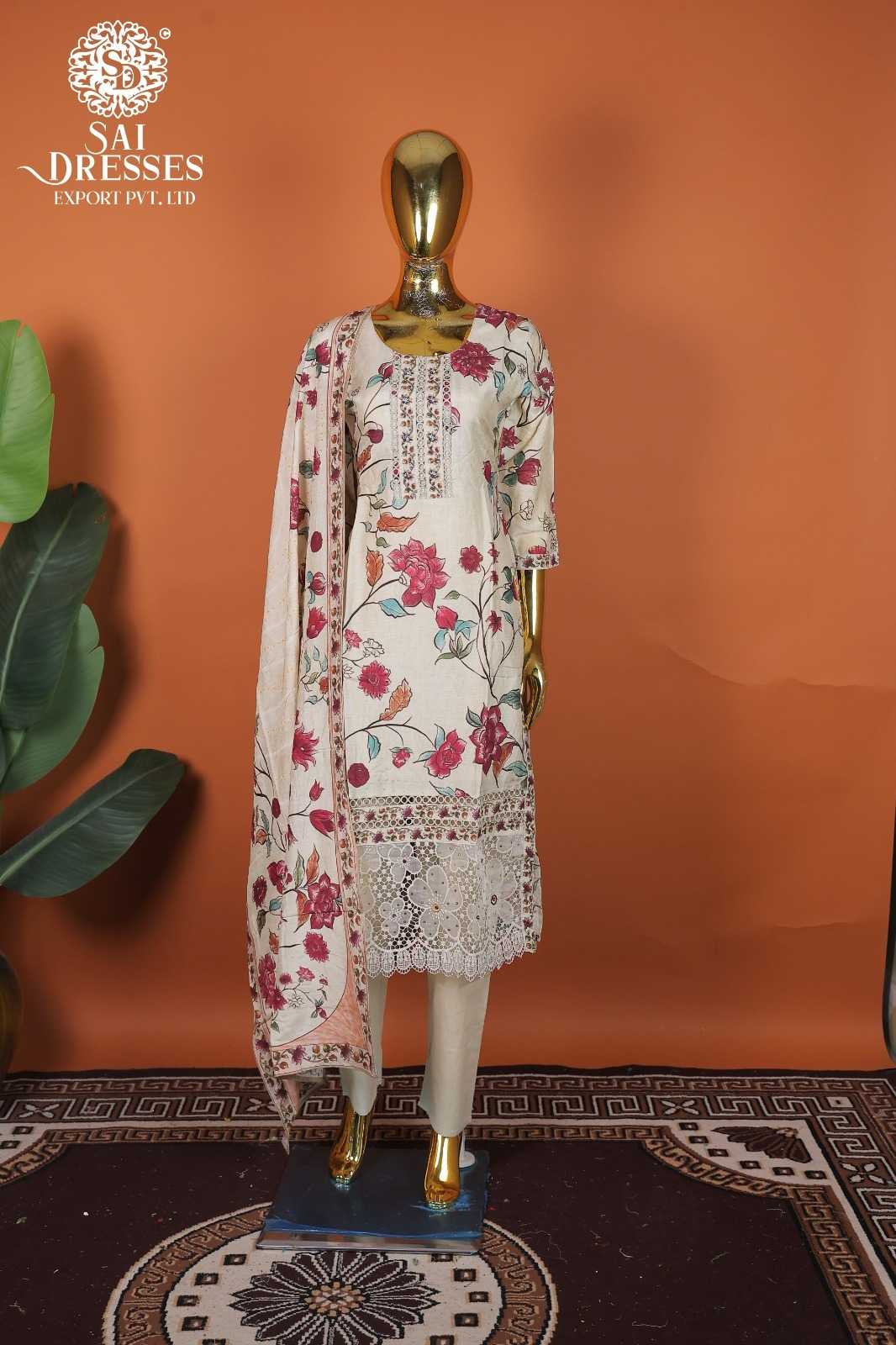 PREMIUM PURE VISCOSE MASLIN FLORAL PRINTED KURTI WITH ELEGANT GPO LACE WORK, MATCHING PANTS & DUPATTA – CREAM BASE WITH ROSE PINK FLORAL DESIGN